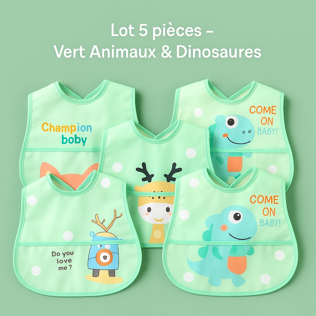 Bavoir bébé vert animaux et dinosaures lot 5