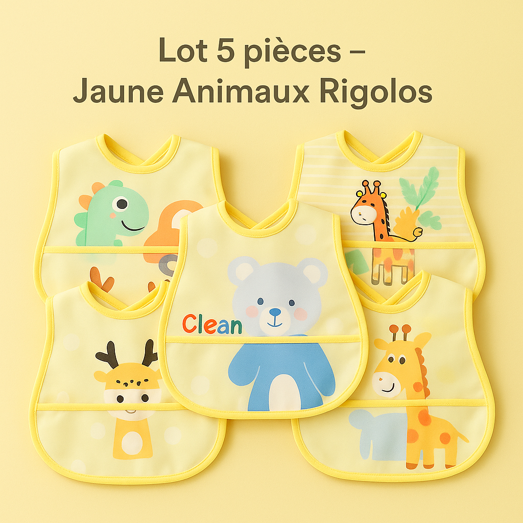 Bavoir bébé jaune avec animaux rigolos lot 5