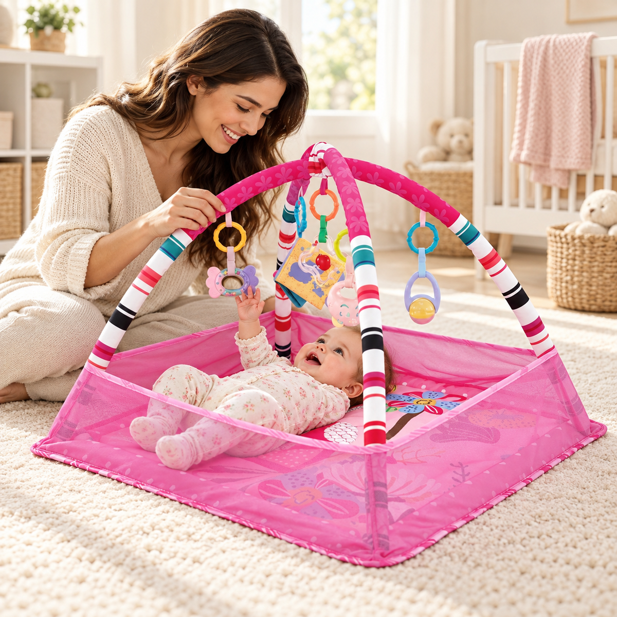 Tapis d’éveil bébé avec arche et filet