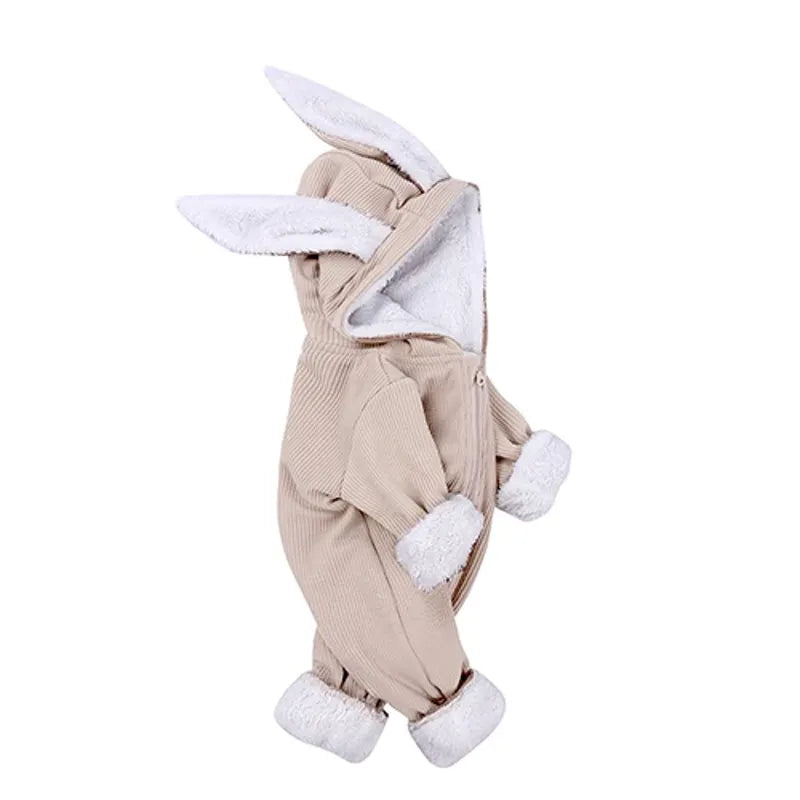 Barboteuse bébé beige chaude en velours avec capuche et oreilles de lapin 3D