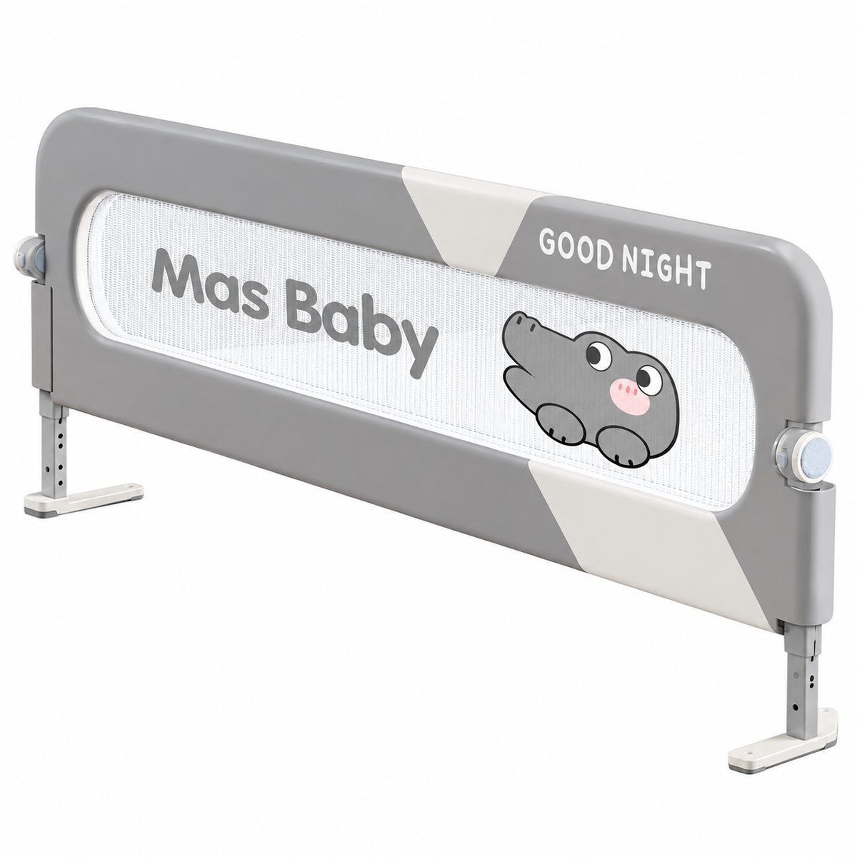 Barrière de lit bébé grise réglable avec filet blanc et motif crocodile.