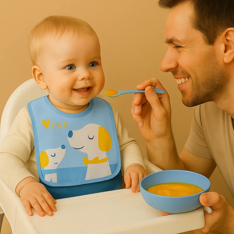 Bavoir bébé bleu chiens dessin animé repas
