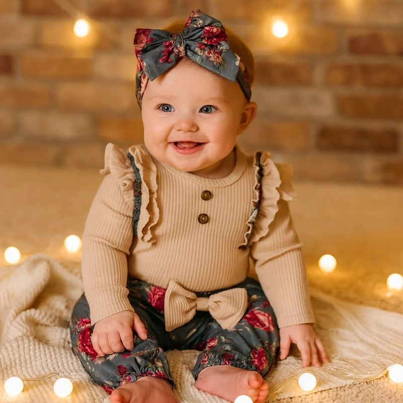 Bébé fille en tenue beige foncé avec pantalon fleuri et grand nœud, assise parmi des lumières de Noël chaleureuses