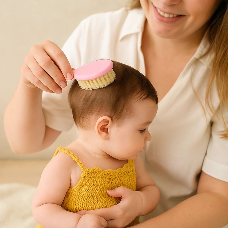 Maman brossant les cheveux de son bébé avec une brosse douce rose