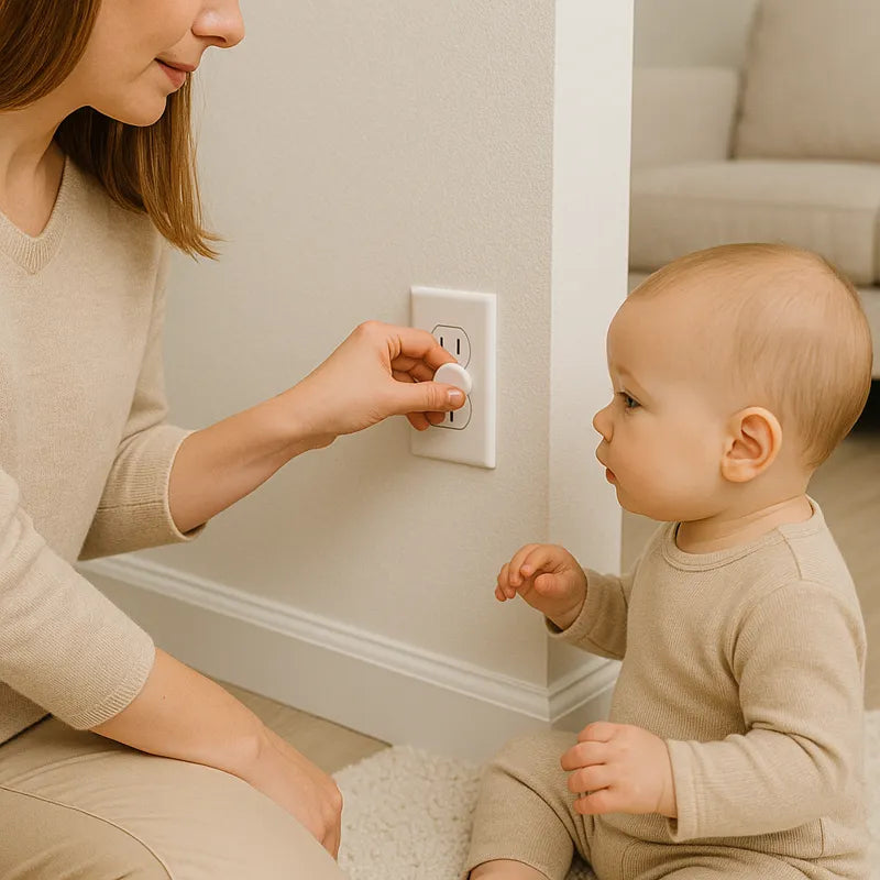 Maman installant un cache prise bébé sécurisé dans le salon pour protéger son enfant des dangers électriques