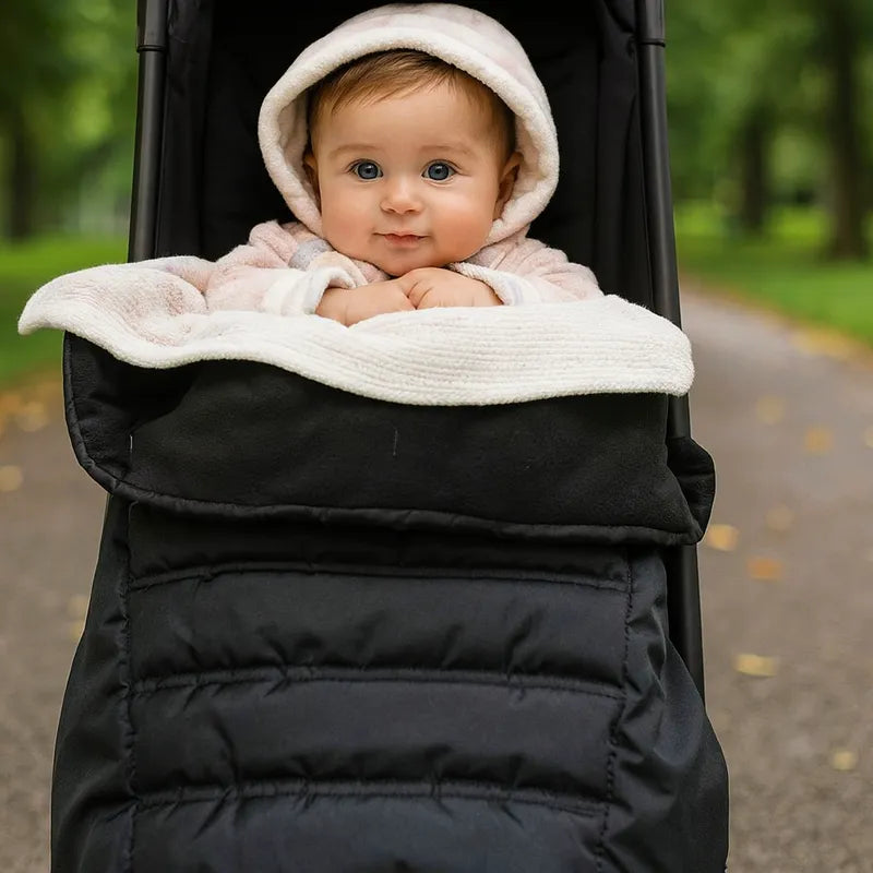 Chancelière noire pour poussette avec bébé confortablement installé