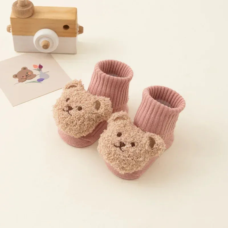 Chaussettes bébé roses en coton avec adorable ours peluche