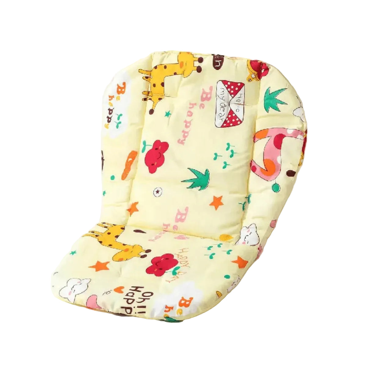 Coussin chaise haute jaune décoré de girafes et motifs ludiques pour bébé