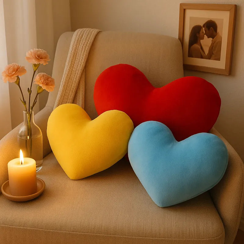 Coussin coeur rouge jaune t bleu sur fauteuil