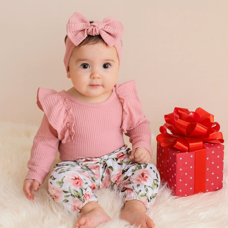 Bébé fille portant un ensemble rose poudré à volants et pantalon fleuri, assise sur un tapis doux avec un cadeau rouge à ses côtés – ensemble élégant Cigogne & Bébé.