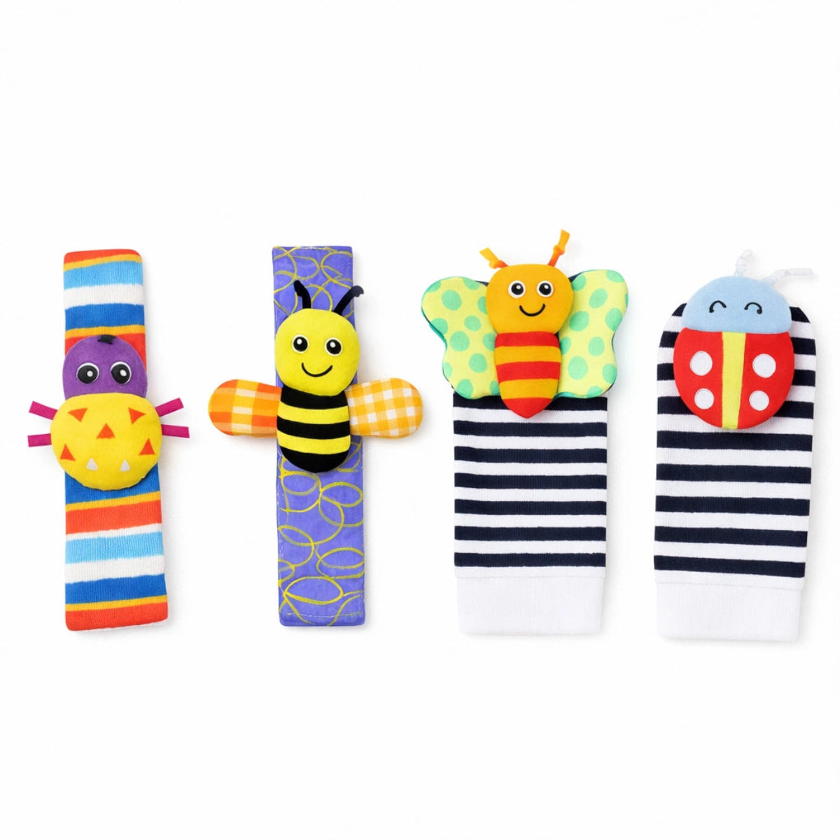 Hochet bébé chaussettes et bracelets insectes sensoriels sur fond blanc jouet d’éveil naissance