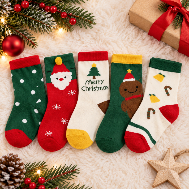 Lot de cinq chaussettes de Noël pour bébé avec motifs festifs colorés