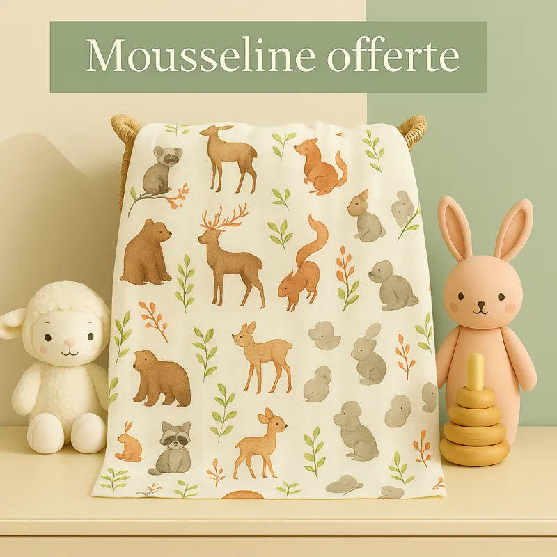 Mousseline offerte pour bébé avec motifs animaux de la forêt – accessoire doux et naturel signé Cigogne & Bébé