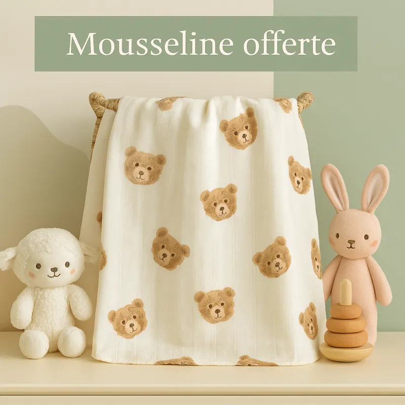 Mousseline bébé en coton doux avec motifs oursons – accessoire offert dans le coffret Cigogne & Bébé