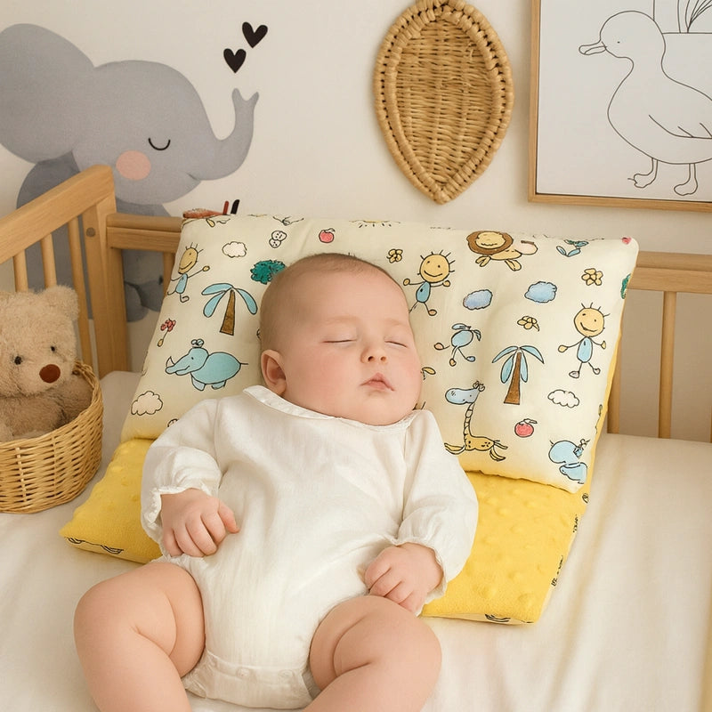 Bébé dormant confortablement sur oreiller bébé jaune