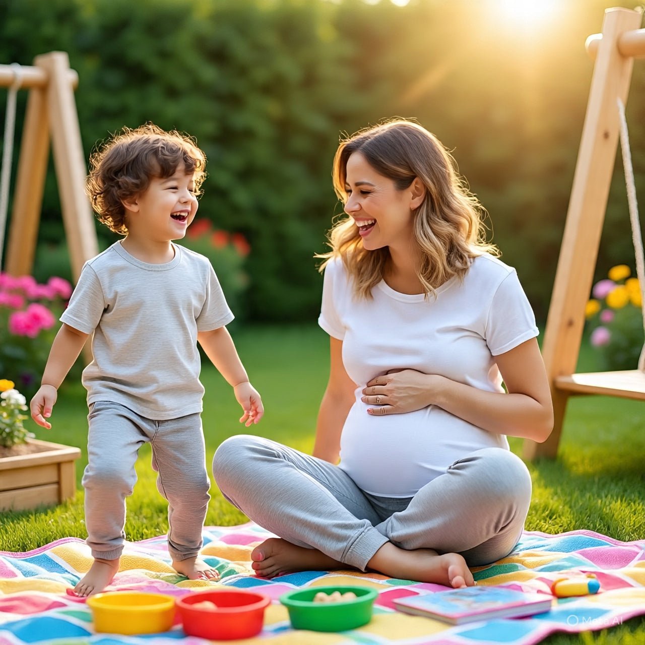 Maman enceinte en pique-nique portant pantalon de grossesse