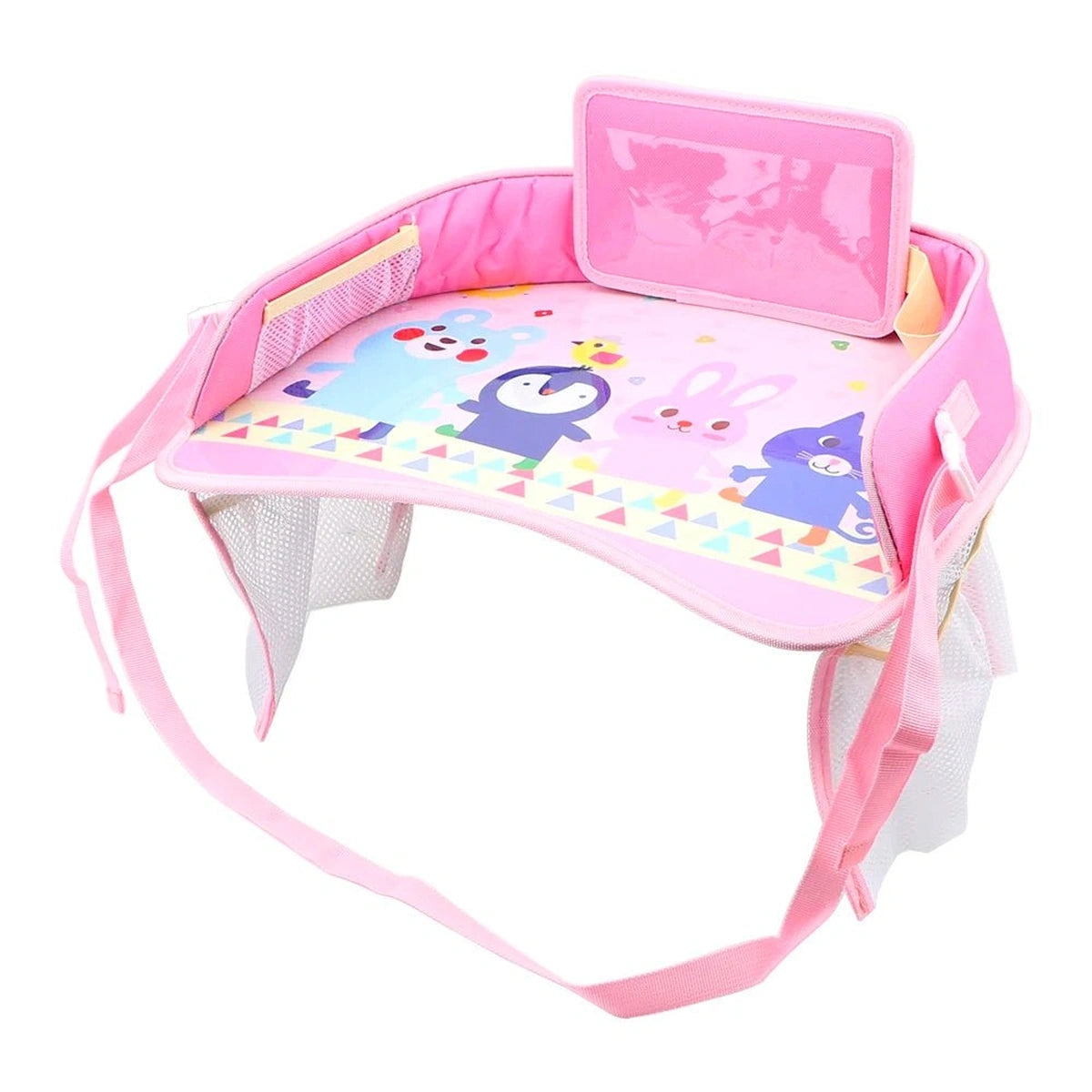 plateau de voyage enfant pour voiture rose avec support tablette et poches de rangement