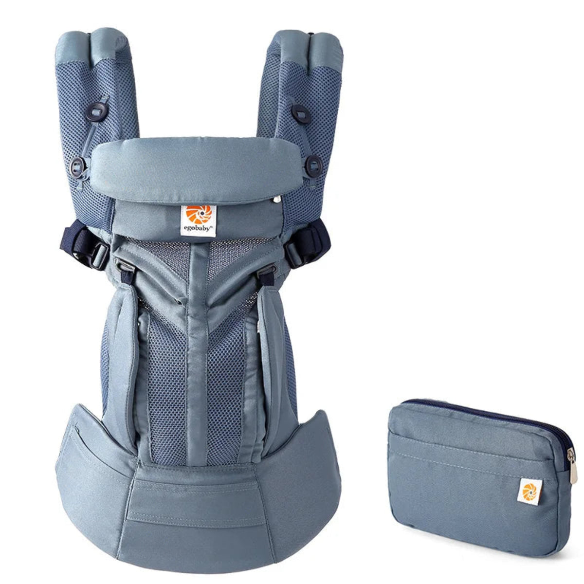 Porte bébé ergonomique gris bleu avec soutien lombaire et pochette de rangement pour parents actif