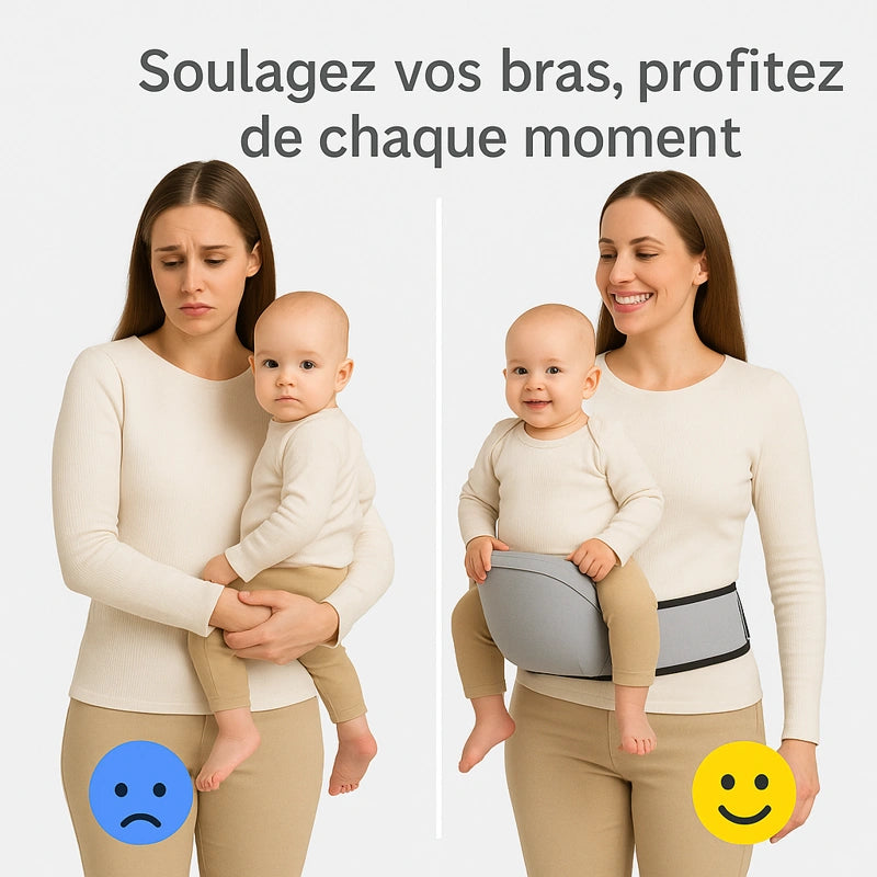 Comparatif avant après porte-bébé de hanche gris ergonomique confort