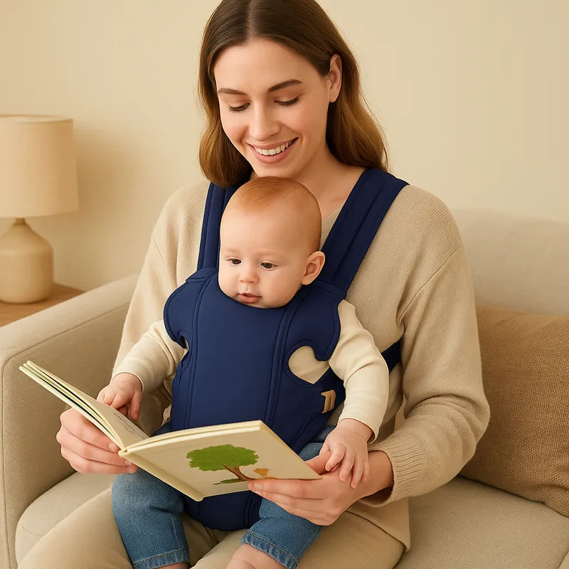 Maman lit un livre avec son bébé dans un porte-bébé bleu ergonomique confortable