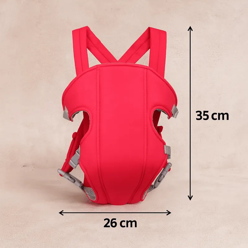 Porte-bébé rouge ergonomique avec bretelles réglables et dimensions précises 35 cm sur 26 cm