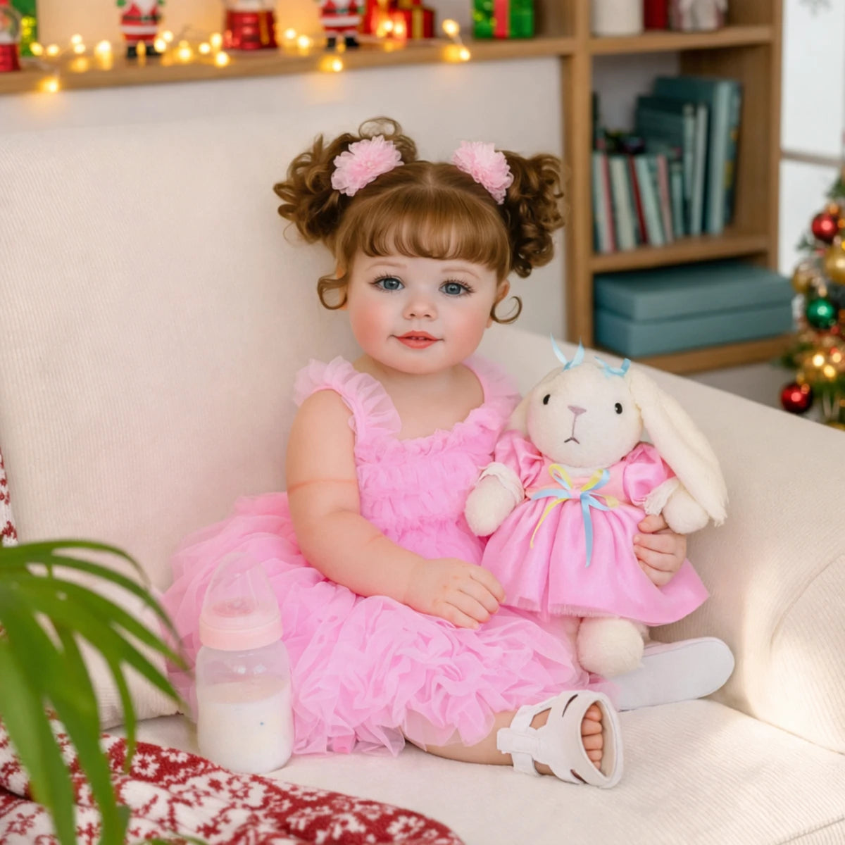 Poupée reborn 22 pouces robe rose avec lapin en peluche assise sur fauteuil dans décor chaleureux
