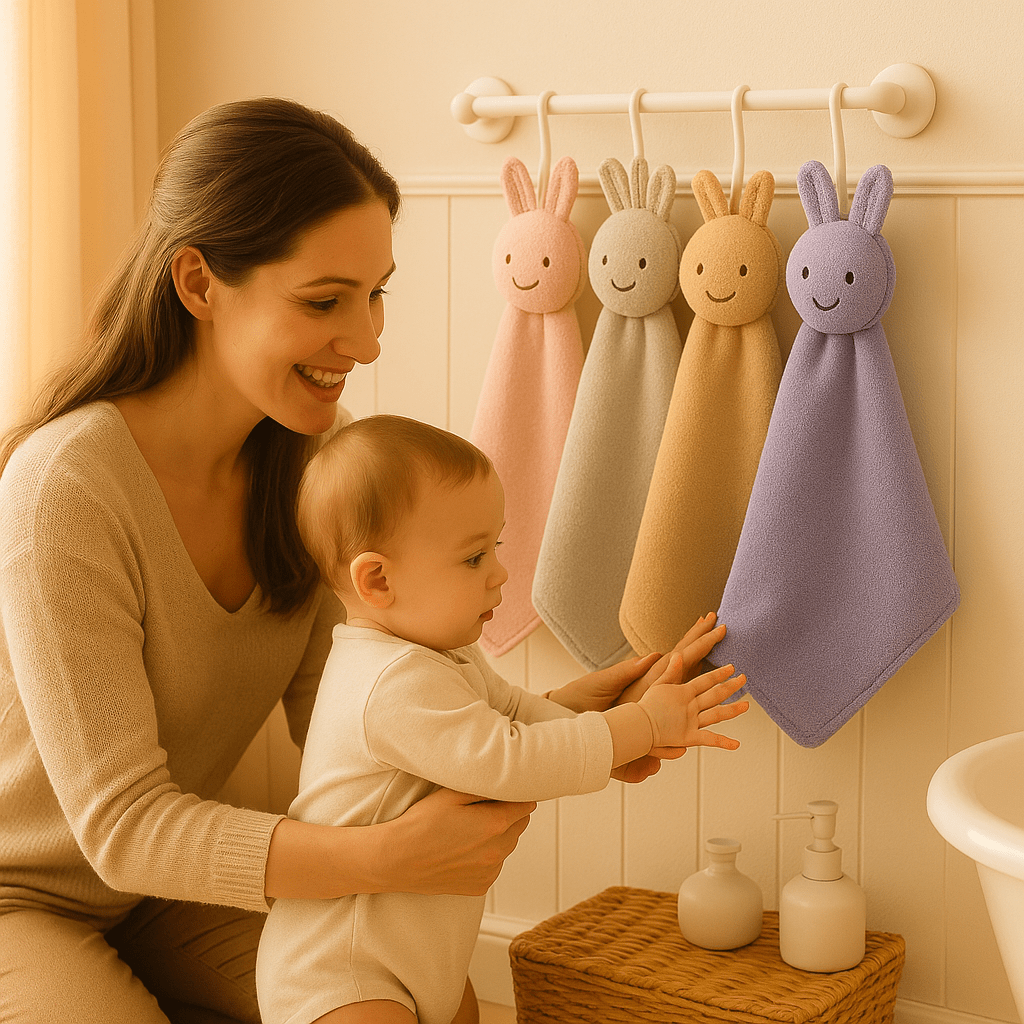 Serviette de main bébé - Cigogne et bébé