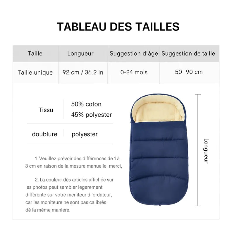 Tableau des tailles chancelière poussette bébé 0-24 mois, 92 cm coton polyester