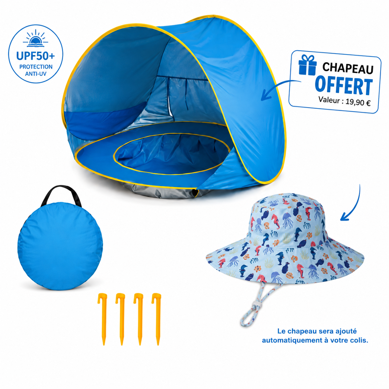 Tente de plage bébé anti-UV UPF50+ bleue avec chapeau offert et accessoires