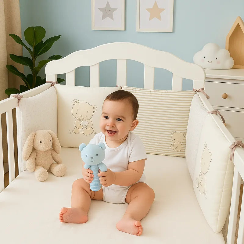 Bébé souriant joue dans berceau avec tour de lit