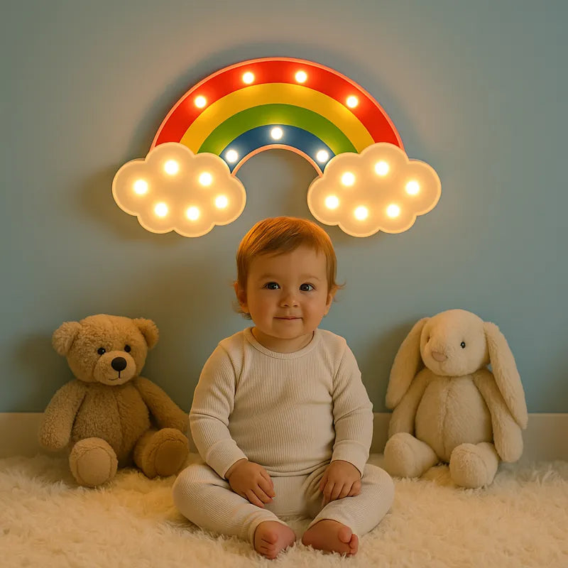 Bébé avec peluches et veilleuse LED arc-en-ciel chambre enfant