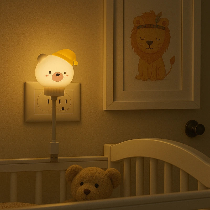 Veilleuse LED ours bonnet jaune branchée au mur dans lit bébé