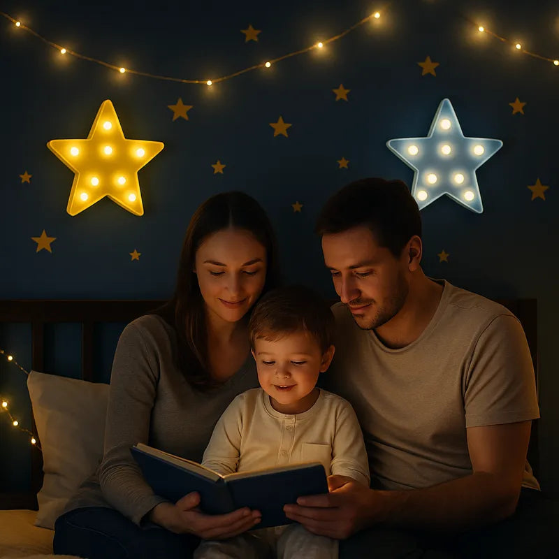 Famille lecture enfant avec veilleuse LED étoile murale chambre