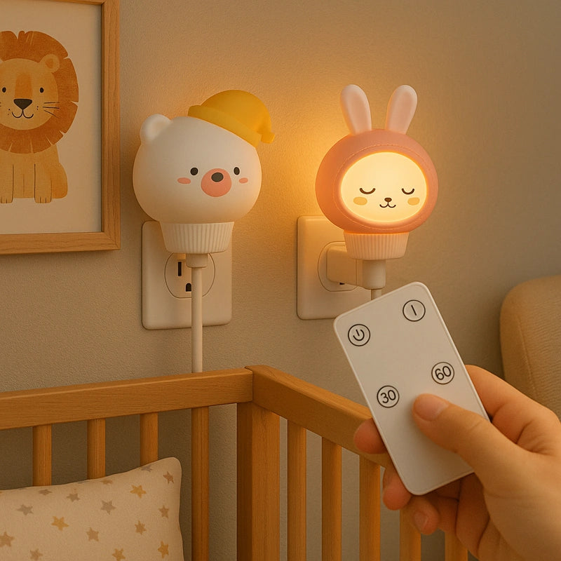 Veilleuse LED ours blanc bonnet jaune USB avec télécommande enfant