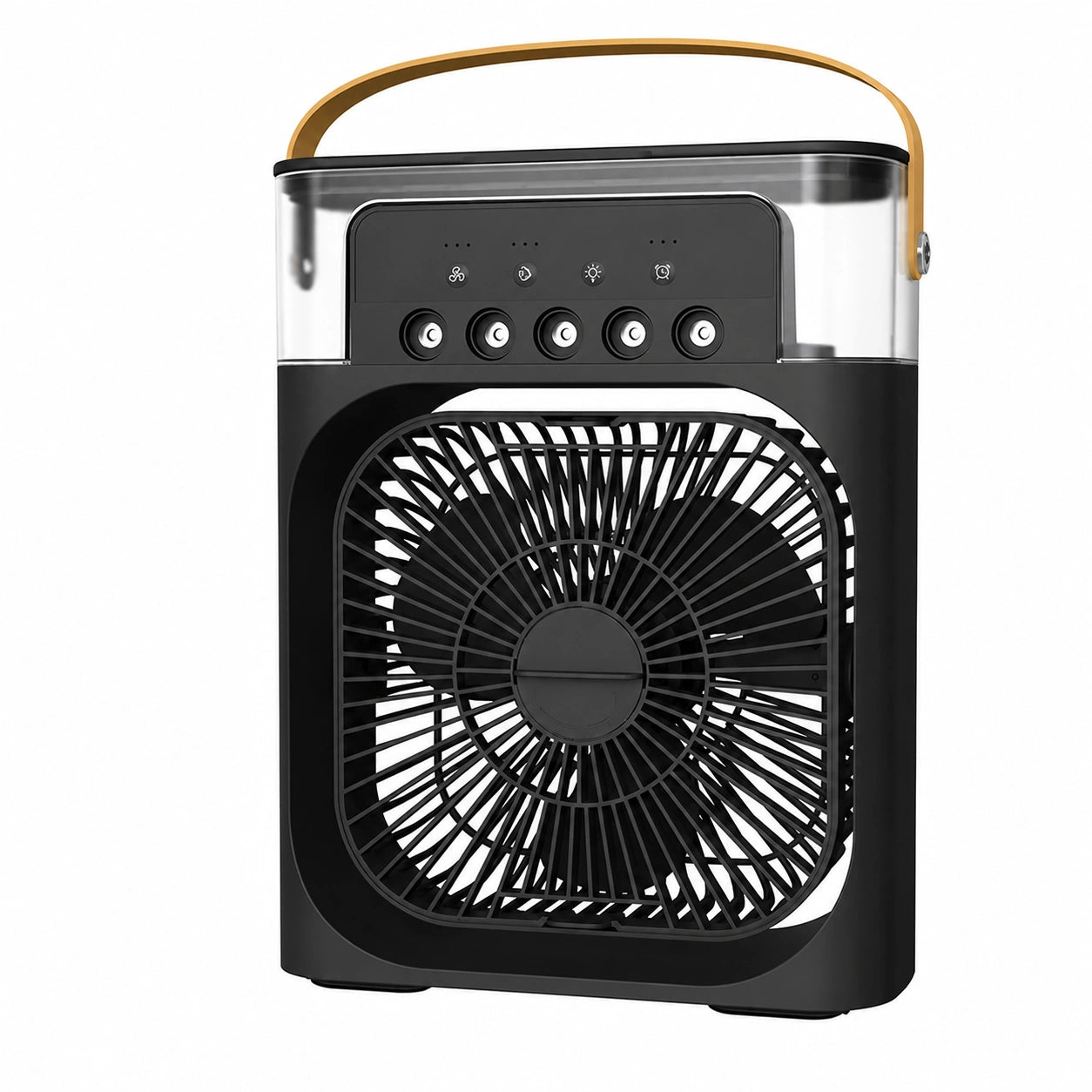 Ventilateur rafraîchissant 3 en 1 USB noir avec humidificateur, veilleuse LED et réservoir d'eau.
