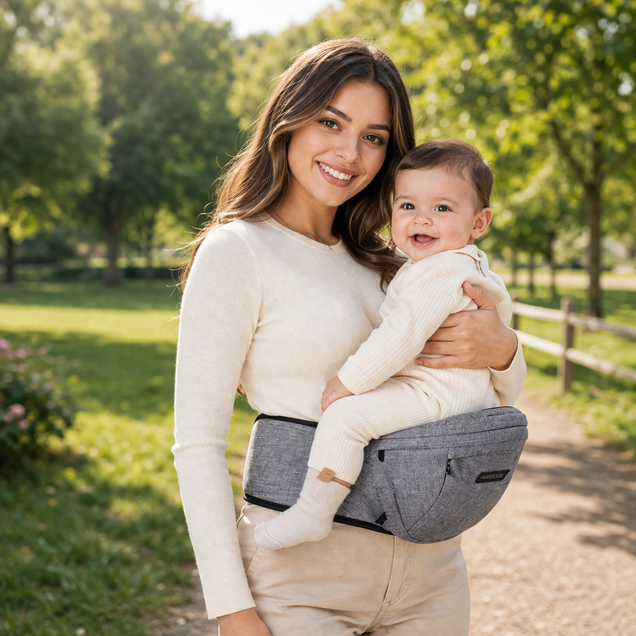 maman portant bébé souriant dans porte bébé hanche ergonomique gris en extérieur