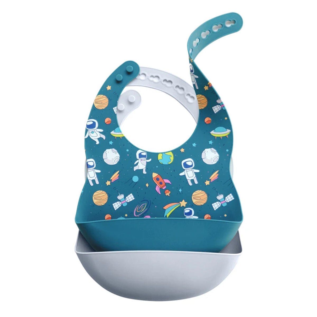 Bavoir bébé silicone ergonomique motif espace astronaute avec poche récupératrice imperméable pour repas bébé sans dégâts