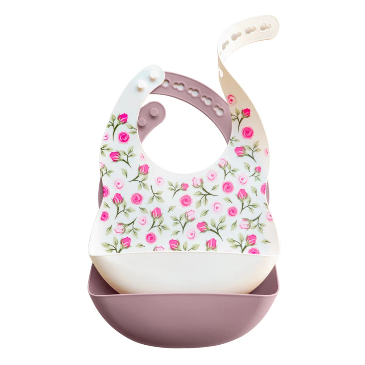 Bavoir bébé silicone doux motif fleurs roses avec récupérateur profond facile nettoyage pour repas bébé pratique et confortable