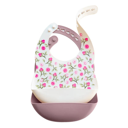 Bavoir bébé silicone doux motif fleurs roses avec récupérateur profond facile nettoyage pour repas bébé pratique et confortable