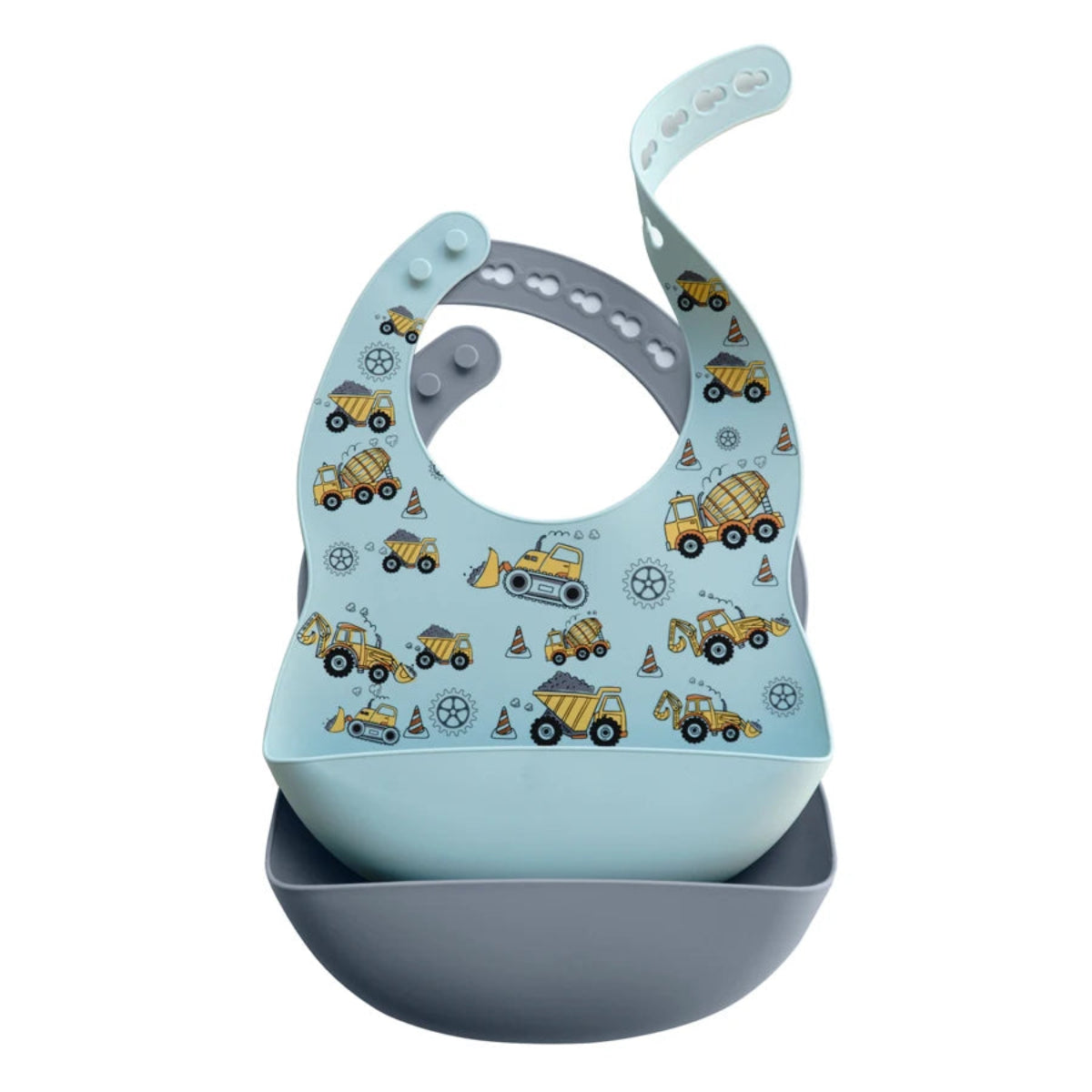 Bavoir bébé silicone imperméable motif véhicules chantier avec poche récupératrice anti taches idéal