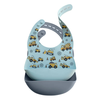 Bavoir bébé silicone imperméable motif véhicules chantier avec poche récupératrice anti taches idéal
