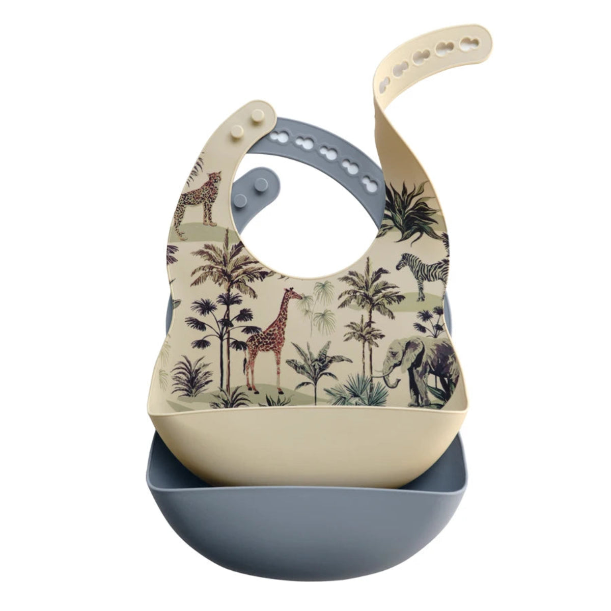 Bavoir bébé silicone souple motif savane avec récupérateur large imperméable pour repas bébé autonomie