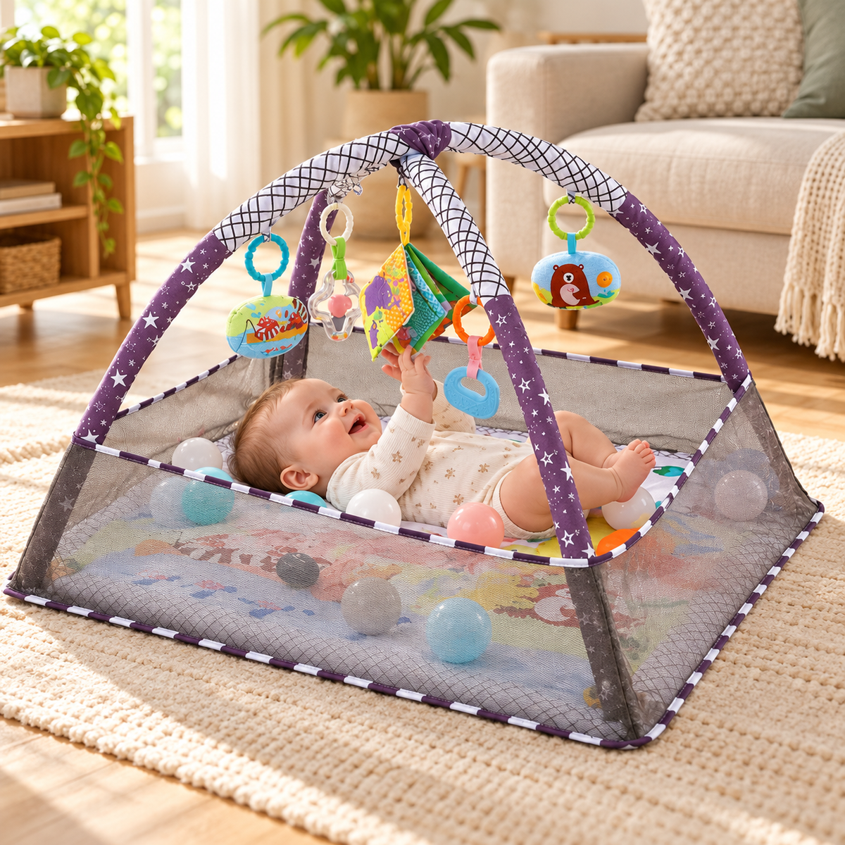 Tapis d’éveil bébé avec arche et filet