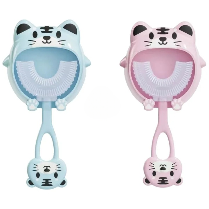 Brosse à dents bébé silicone set bleu et rose avec tête souple et manche ergonomique