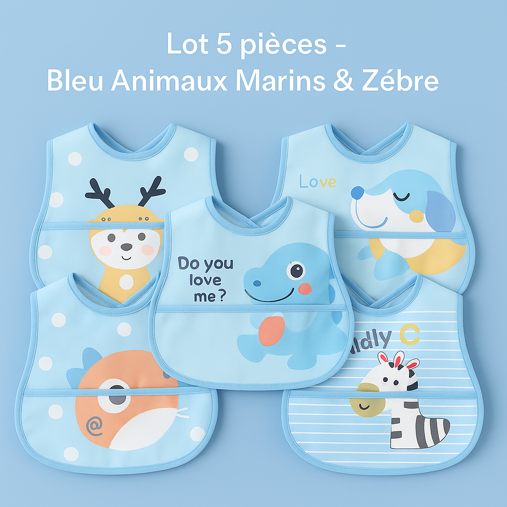 Bavoir bébé bleu animaux marins et zèbre lot 5