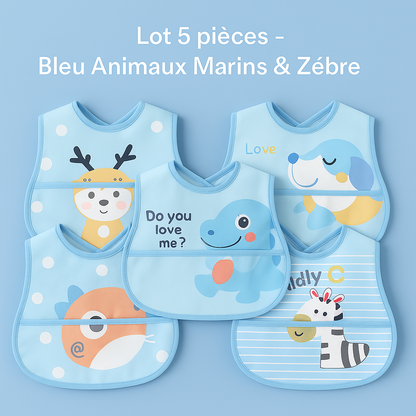 Bavoir bébé bleu animaux marins et zèbre lot 5