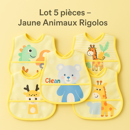 Bavoir bébé jaune avec animaux rigolos lot 5