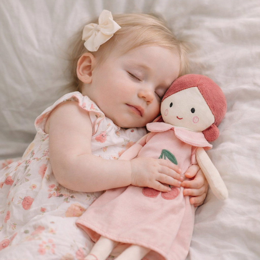 Doudou poupée cerise – Peluche bébé douce et apaisante