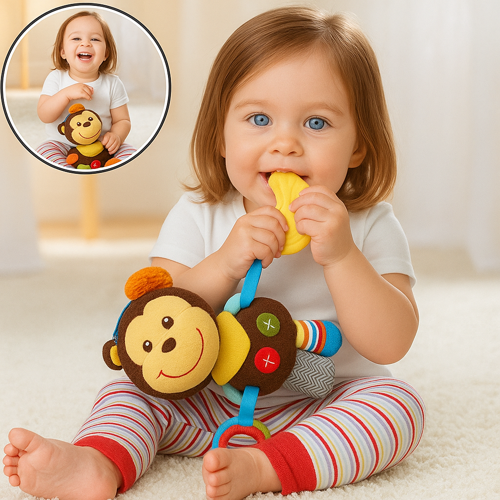Petite fille qui joue avec un hochet singe