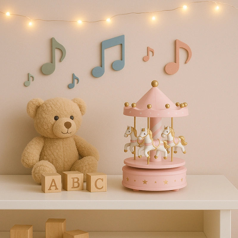 Carrousel rose sur étagère avec peluche, cubes en bois et notes de musique colorées.